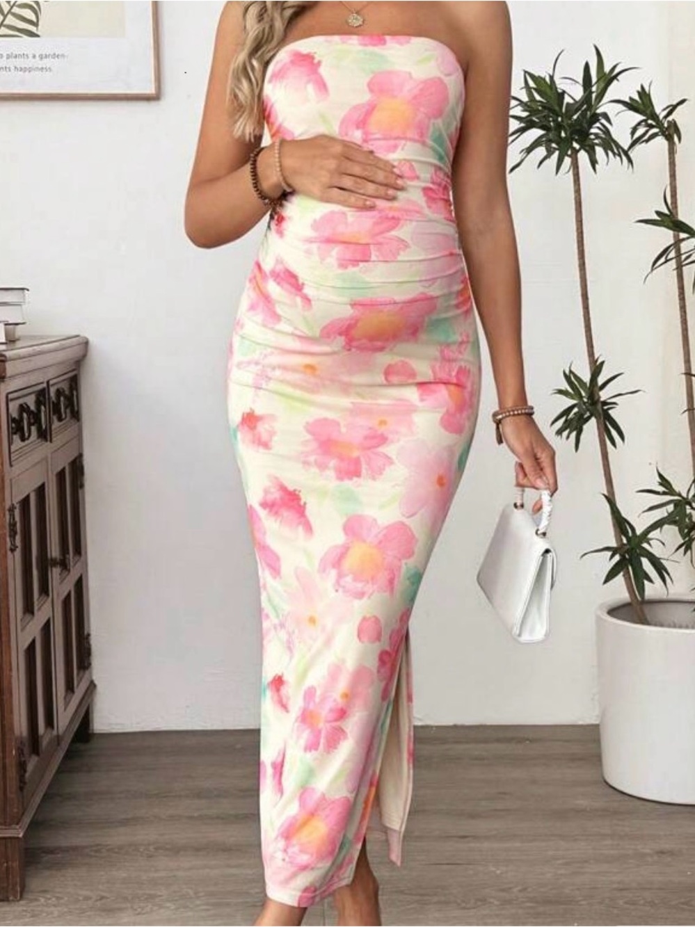 Strapless Pink Floral Maternity Maxi Dress